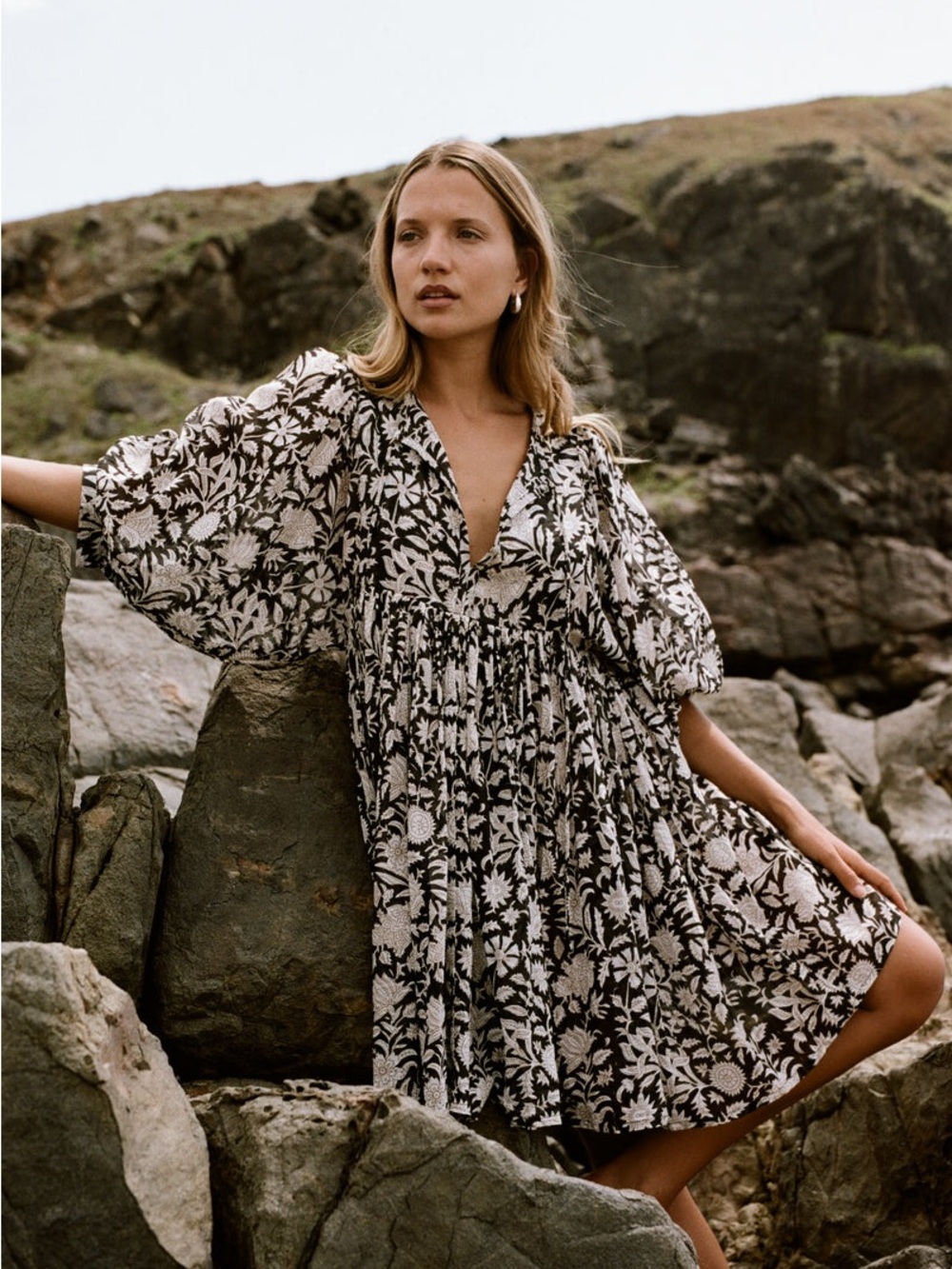 Daughters of India Kyra Mini Dress In Pepper Floral Block Print Boho Coastal XL